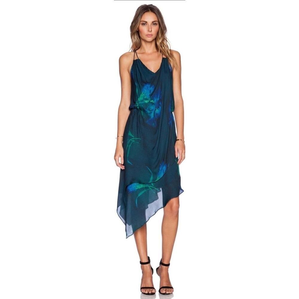 Haute Hippie Love Me Dress 100% Silk, Chiffon Black Teal Green Asymmetrical | S
